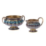 * A Russian Silver-Gilt and Cloisonné Enamel Sugar Bowl and a Creamer   MAKER’S MARK ‘AK’ IN