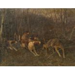 * TIKHMENEV, EVGENY (1869-1934) Dogs and Wolf , signed. Oil on canvas, 56 by 71 cm.