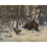 * TIKHMENEV, EVGENY (1869-1934) Bear Hunt , signed and dated "1913 10/5 goda". Oil o canvas, 56 by