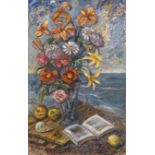 * BURLIUK, DAVID (1882-1967) Still Life with Flowers, Fruit and Open Book , signed, also further