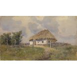 * VASILKOVSKY, SERGEI (1854-1917) Ukrainian Hut on a Hill , signed. Oil on cardboard, 14 by 24
