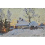 * VASILKOVSKY, SERGEI (1854-1917) Winter Village at Sunset , signed and indistinctly dated. Oil on