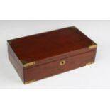 A 19TH CENTURY MAHOGANY AND BRASS BOUND TRAVELLING WRITING BOX with inset handles to either end