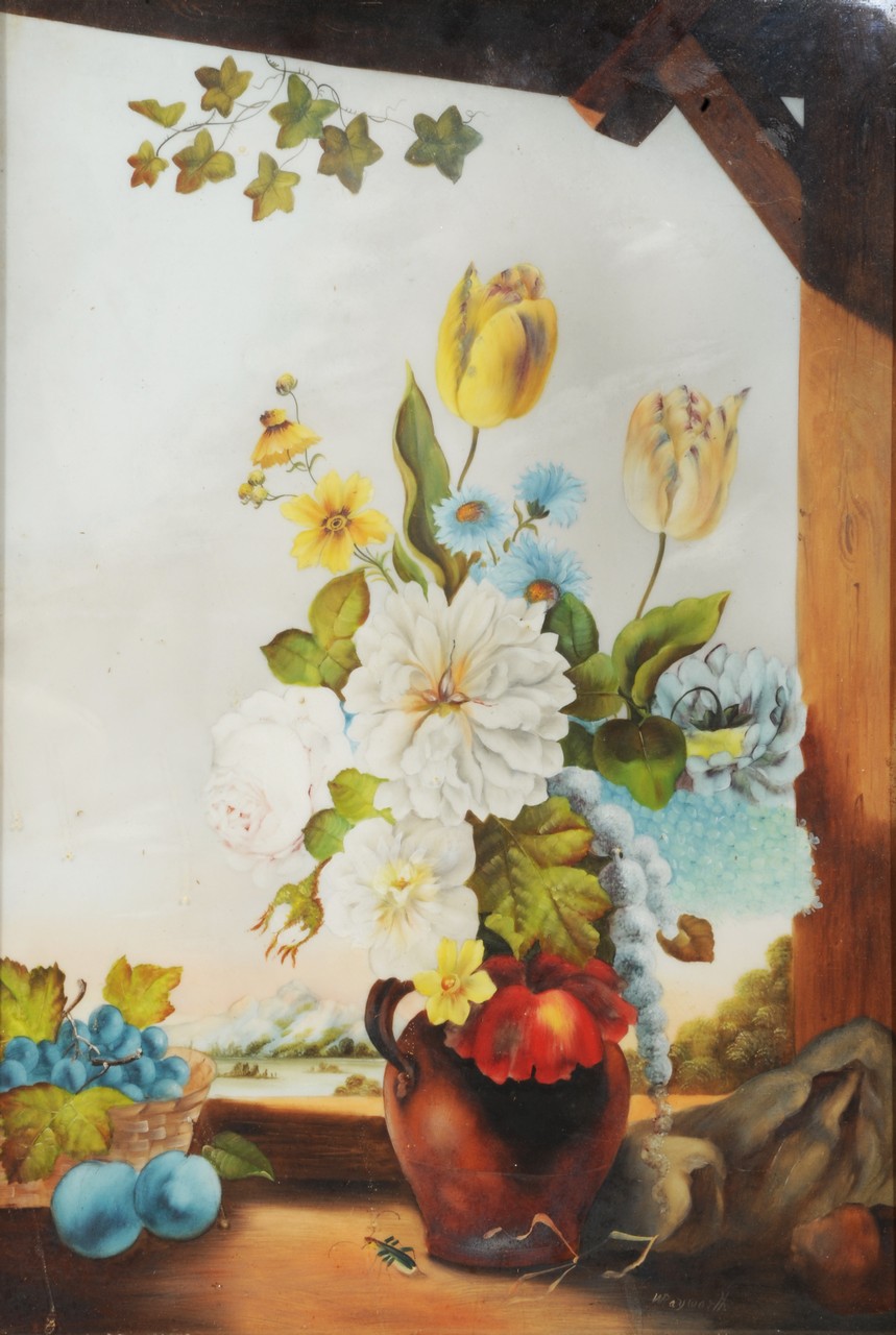 A LARGE PORCELAIN PLAQUE decorated by W Rayworth, depicting a still life of flowers in a vase with