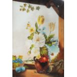 A LARGE PORCELAIN PLAQUE decorated by W Rayworth, depicting a still life of flowers in a vase with