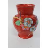 A CLARICE CLIFF, RED GROUND, 'My garden' vase, pattern no.912 with moulded signature beneath a green