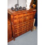 A MAHOGANY BEDEMEIR CHEST of five graduated long drawers, acanthus leaf carved corners and