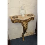 AN ANTIQUE GILT WOOD CONSOLE TABLE with marble top, serpentine front, carved acanthus leaf shell