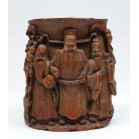 A CHINESE CARVED BAMBOO BRUSH POT decorated with bats and figures of immortals, 19cm high