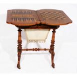 A VICTORIAN WALNUT GAMES AND WORK TABLE the shaped top opening to reveal a chess board, draughts