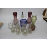 A COLLECTION OF GLASSWARE to include a pair of opalescent purple vases with glass mounted rims, each