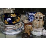 A CAPO DE MONTE PORCELAIN OWL TABLE LAMP with glass eyes, 23.5cm high together with a walnut box and