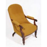 A VICTORIAN MAHOGANY FRAMED UPHOLSTERED ARMCHAIR 62cm wide