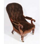 AN EARLY VICTORIAN MAHOGANY FRAMED BUTTON BACKED DRAYLON UPHOLSTERED ARMCHAIR with turned front