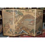AN ORIENTAL FOUR FOLD SCREEN painted with scenes of fishermen, approx 160cm wide overall