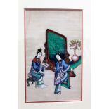 A 19TH CENTURY CHINESE RICE PAPER PAINTING, two courtly ladies stood in front of a large screen