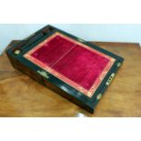 A VICTORIAN WALNUT WRITING BOX with ebony lined edge and the fitted interior with inkwell and velvet
