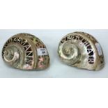 TWO OLD PIERCED SHELLS, one inscribed Andermans, the other Port Blair, the largest approximately
