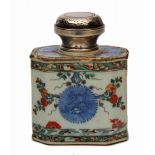 A CHINESE KANGXI PORCELAIN EXPORT TEA CANNISTER with low grade silver lid, the cannister decorated