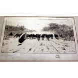 STANLEY BERKLEY  Pigs being chased by a wheel, etching, 19cm x 37cm, signed in the margin (