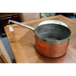 A LARGE ANTIQUE COPPER SAUCEPAN with steel handle (marked with three dots), 28.5cm diameter