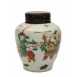 A LATE MING/18th CENTURY CHINESE FAMILLE VERTE SMALL JAR of inverted baluster form decorated with