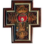 A FRAMED MONTAGE IN THE FORM OF A CROSS RELATING TO 55962 1. A.M. G. BURRELL. R.A.F. with various