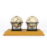 A PAIR OF MODEL TERRESTRIAL AND CELESTIAL GLOBES, on black stained oak stands mounted with a small