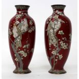 A PAIR OF ORIENTAL RED GROUND CLOISONNE VASES one decorated with a parrot in prunus blossom the