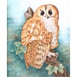 P. LYNES (LATE 20TH CENTURY SCHOOL) 'The Tawny Owl', enamels on porcelain, signed P. Lynes and