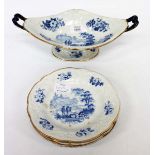 A 19TH CENTURY PEARLWARE BLUE AND WHITE DECORATED COMPORT with gilt edge and looping handles with