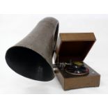 AN EARLY TO MID 20TH CENTURY E.M.G. TABLE TOP GRAMOPHONE in an oak and pine case with a large faux