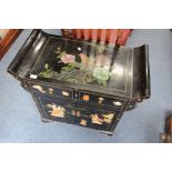 A LATE 20TH CENTURY CHINESE BLACK LACQUERED SIDE CABINET with two short drawers and two panelled