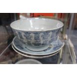 A SOUTH EAST ASIAN POSSIBLY CHINESE, BLUE AND WHITE BOWL with stylised character decoration,