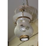 A FROSTED CUT GLASS HANGING LIGHT FITTING approximately 44cm tall overall