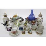 A SMALL COLLECTION OF POTTERY, porcelain and glass to include a pair of lidded vases decorated