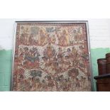 A LARGE BATIQUE INDONESIAN PAINTING ON CLOTH, depicting various mythological creatures, 134cm by