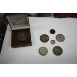 A QUANTITY OF PRE-DECIMAL SILVER AND OTHER COINAGE to include Victorian crown, dated 1889, Churchill