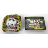A CHINESE CANTON ENAMEL DISH decorated with a female figure within a garden, 10.5cm x 9.5cm together