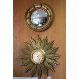 A SMALL REGENCY GILT FRAMED CONVEX MIRROR 121cm dia. together with a metamec sunburst electric