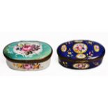 A GEORGE III BLUE GROUND OVAL STAFFORDSHIRE ENAMEL SNUFF BOX decorated with flowers, 7.6cm wide,