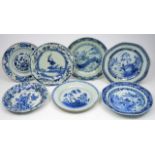 FIVE ANTIQUE CHINESE BLUE AND WHITE PLATES, the largest 23cm diameter; together with two antique
