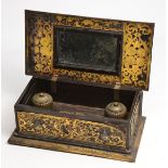 AN ANTIQUE, POSSIBLY 18TH CENTURY, CONTINENTAL EBONY DESK STAND, with pierced, chased and engraved