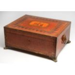 A REGENCY BURR WALNUT PARQUETRY AND PENWORK BANDED WORKBOX with central vignette of classical
