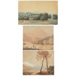 AN 18TH/19TH CENTURY ENGLISH SCHOOL, THREE LANDSCAPE WATERCOLOURS, the largest of which is 40cm x