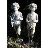 A PAIR OF PAINTED, LEAD FIGURES of shepherd boys playing flutes, each approximately 80cm high