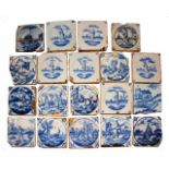 A GROUP OF 19 ANTIQUE BLUE AND WHITE DELFT TILES all with figural scenes, approximately 12.5cm