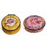 A GEORGE III YELLOW GROUND CIRCULAR ENAMEL PATCH BOX, the lid decorated with a spray of flowers, 4.