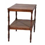 A VICTORIAN TWO-TIER ROSEWOOD OCCASIONAL TABLE with turned support, 46cm wide x 71cm high