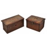 A 17TH/EARLY 18TH CENTURY OAK BOX the hinged lid carved with two dragon relief's and the sides